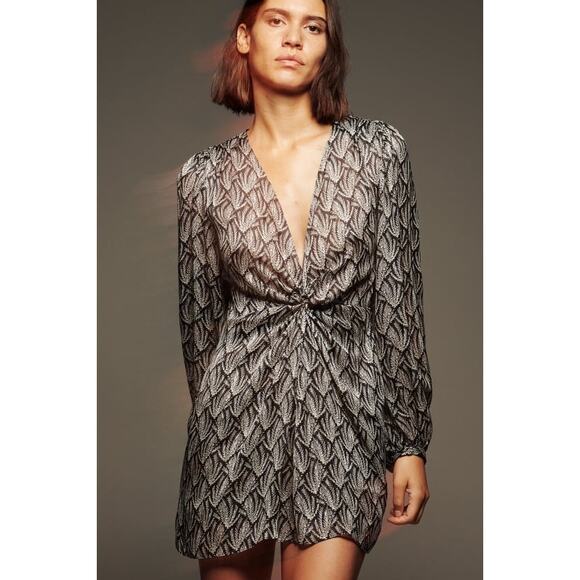 Zara Mini Dress 70s Gray Black Knotted Metallic Thread Draped Large 8677/067 - Picture 2 of 13